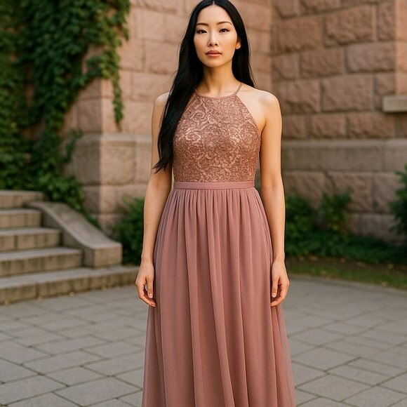 Davids Bridal Size 4 Rose Gold Backless Sleeveless Bridesmaid Maxi Dress Damaged - Picture 1 of 16